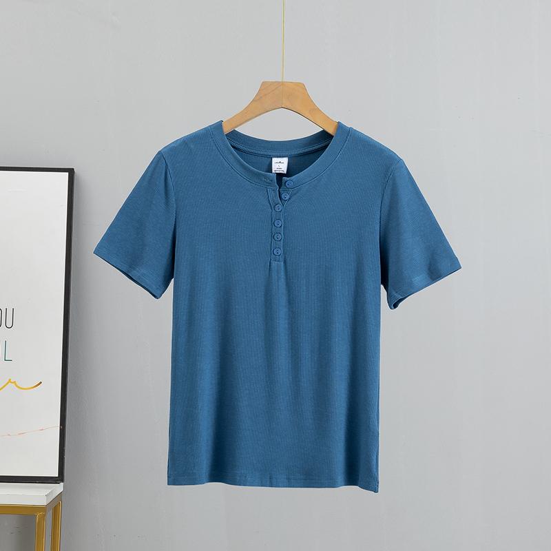 Sommer-T-Shirt für Damen aus Baumwolle, modische Qualität, S-3XL, mit Knöpfen, lässiges T-Shirt mit kurzen Ärmeln, gemütliches, atmungsaktives Oberteil