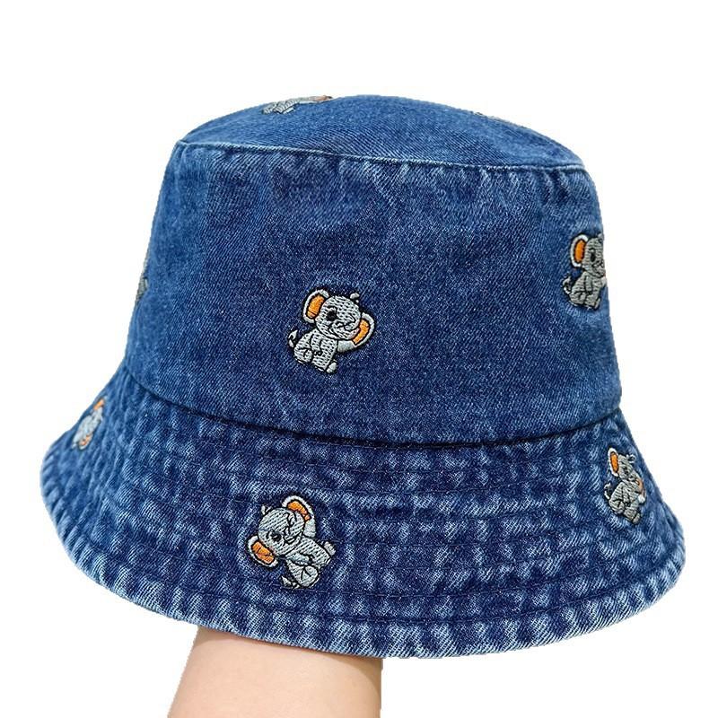 Retro Washed Distressed Embroidered Denim Hat for Women, Summer Large Brim, Face-Slimming Bucket Hat