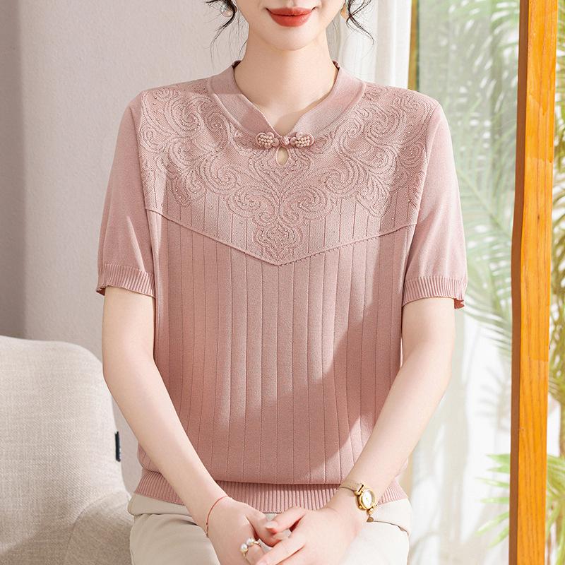 

Mom s Summer Style Knit Short-Sleeve Top - Breathable, Elegant, Age-Reducing for Middle-Aged and Elderly Women. XL (90-115 Jin) рожевий
