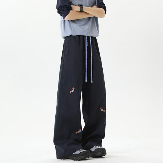 Men's Casual Baggy Pants Drawstring Waist Trousers with Cartoon Dachshund Embroidery Loose Fit Streetwear Pants for Vacation Travel School