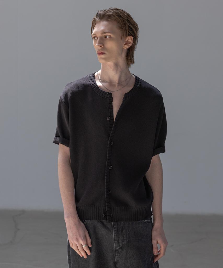 Dekkoloso Panel Rib Short Sleeve Summer Round Cardigan [Black]