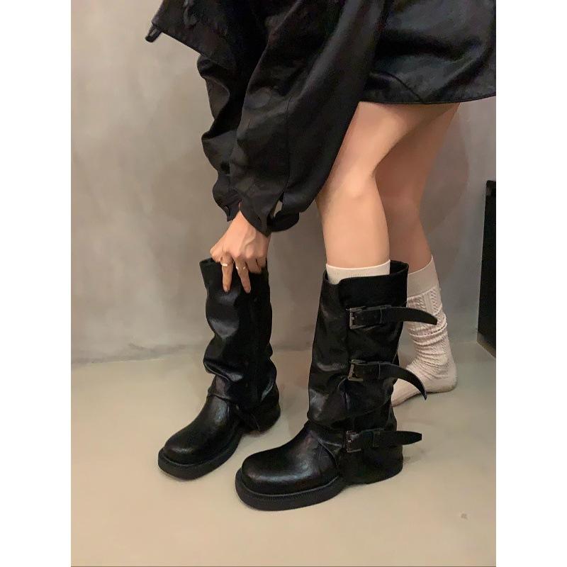 Cowhide Niche Retro Thick Heel Mid-height Boots Western Cowboy Pile Boots Knight Boots Martin Boots French Women's Boots