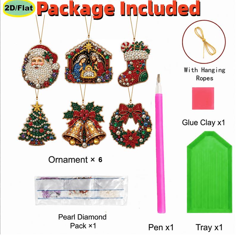 2D Flat 12Pcs DIY Acrylic Pearl Diamond Painting Christmas Ornaments Kit, Tree Hanging Decorations with Stocking, Gift Box, Angel, Nativity Scene