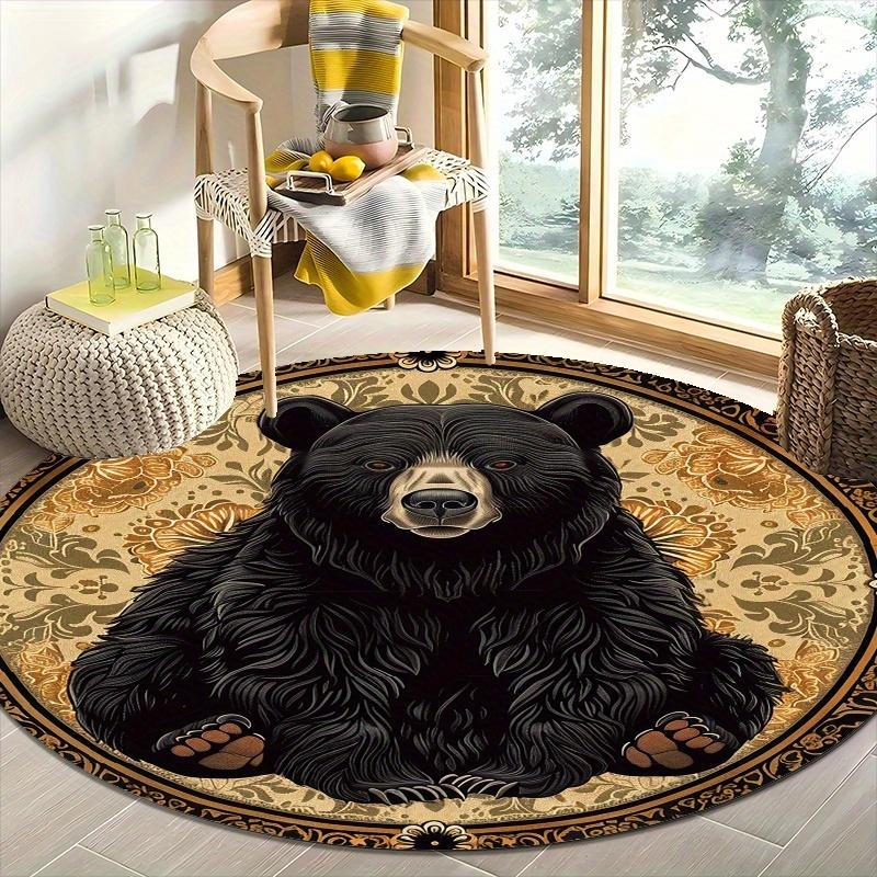 Majestic Black Bear Pattern Flannel-printed Round Floor Mats Are Slip-resistant Suitable for Living Room Terrace Garden Carpets