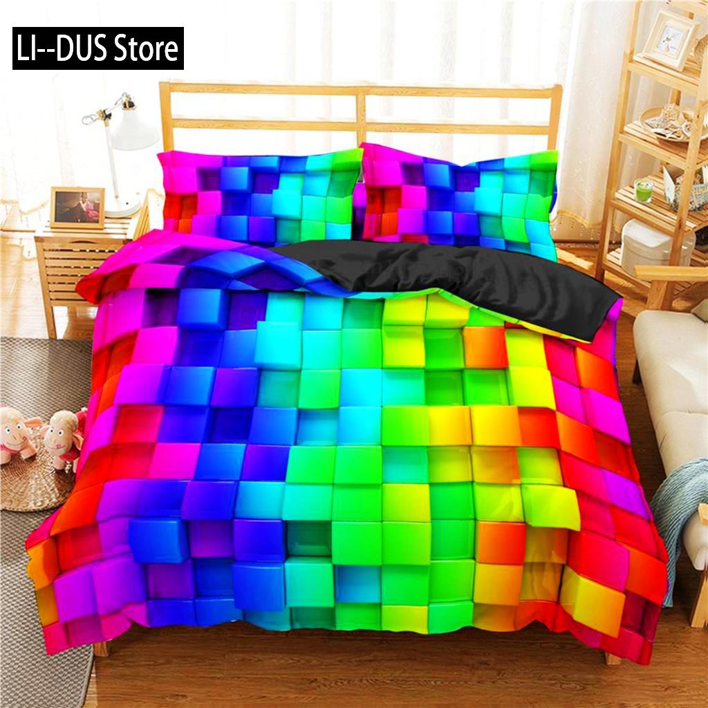 Toy Print Duvet Cover Set Square Gradient Blocks Bedding Set For Kids Teen Colorful Bricks Game Queen Microfiber Comforter Cover