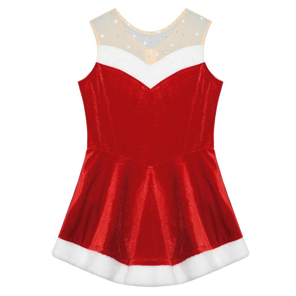 Girls Santa Claus Costume Soft Flannel Design Sleeveless Sequins Ballet Dress Ice Skating Bodysuit