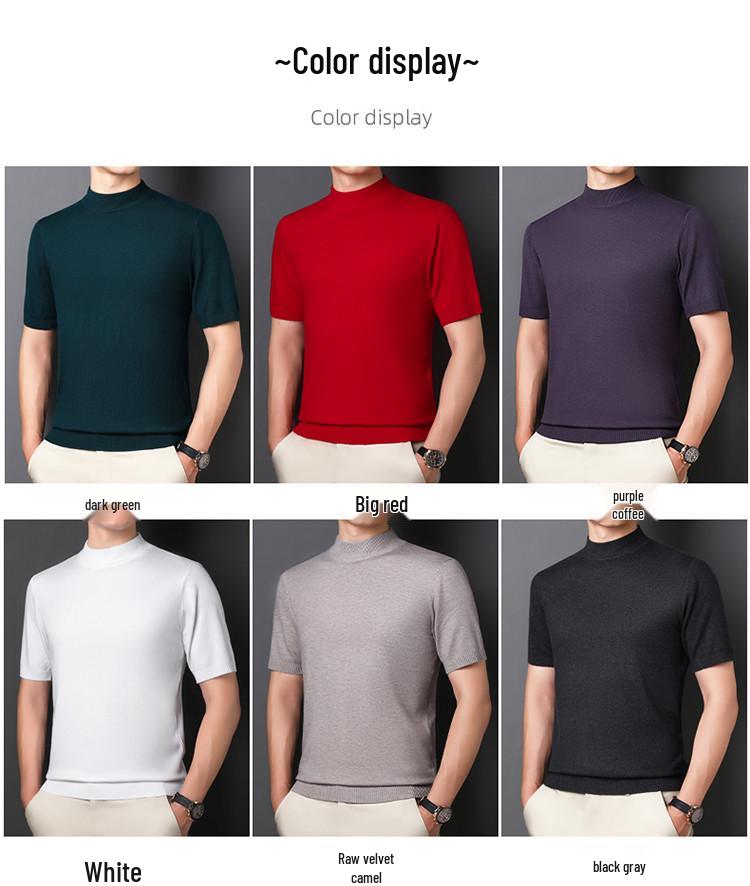 Men's Short-Sleeve Knit Sweater with Half-High Collar - Lightweight Pullover for Middle-Aged and Young Men