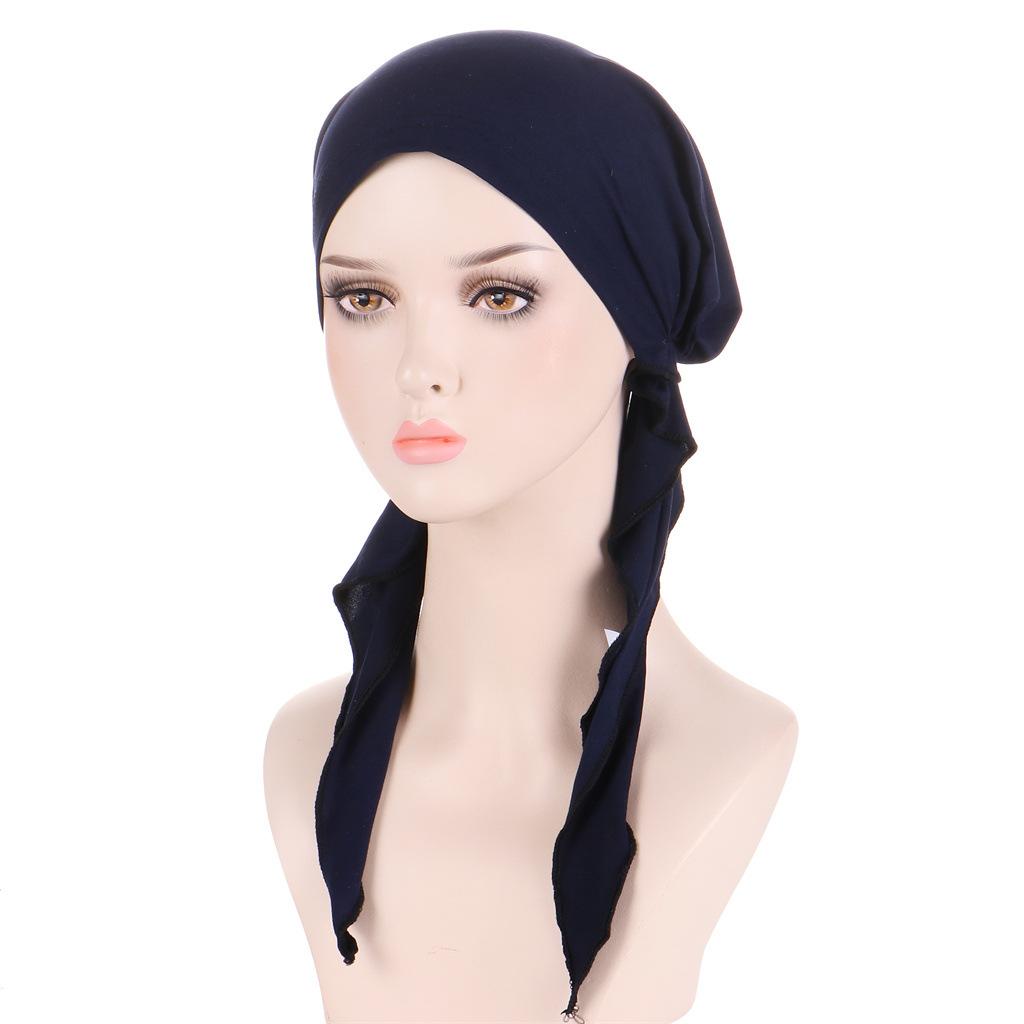 Solid Color Muslim Fashion Hijabs Turban Bonnet Long Tail Head Wraps Elastic Hijab Hats Breathable Chemo Cap For Women Girls