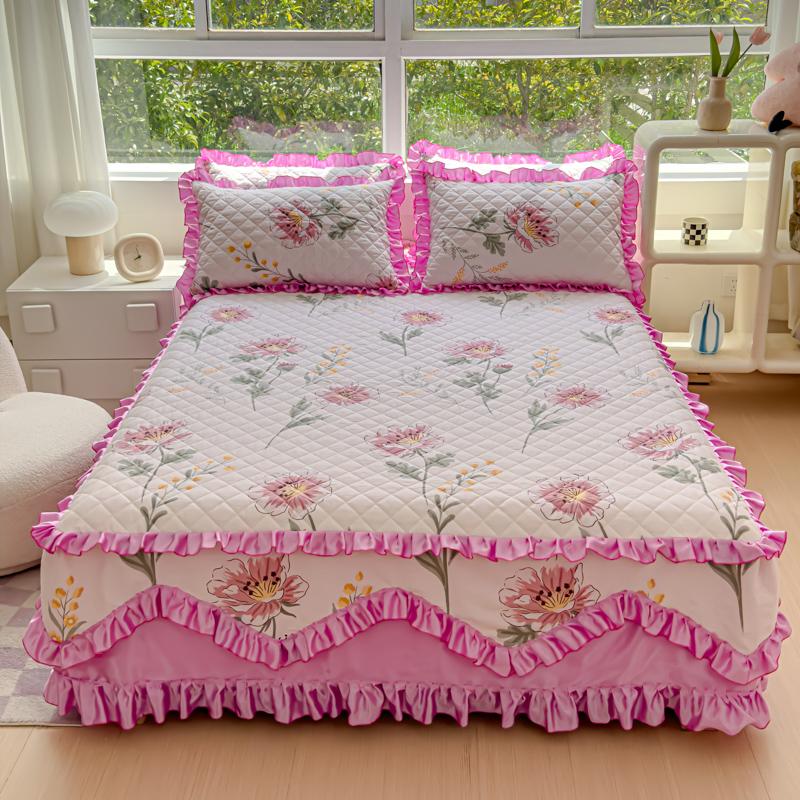 100% Cotton Thicken Quilted Bedspread King Queen Size Princess Lace Bed Skirt Pure Cotton Bed Cover Not Including Pillowcase