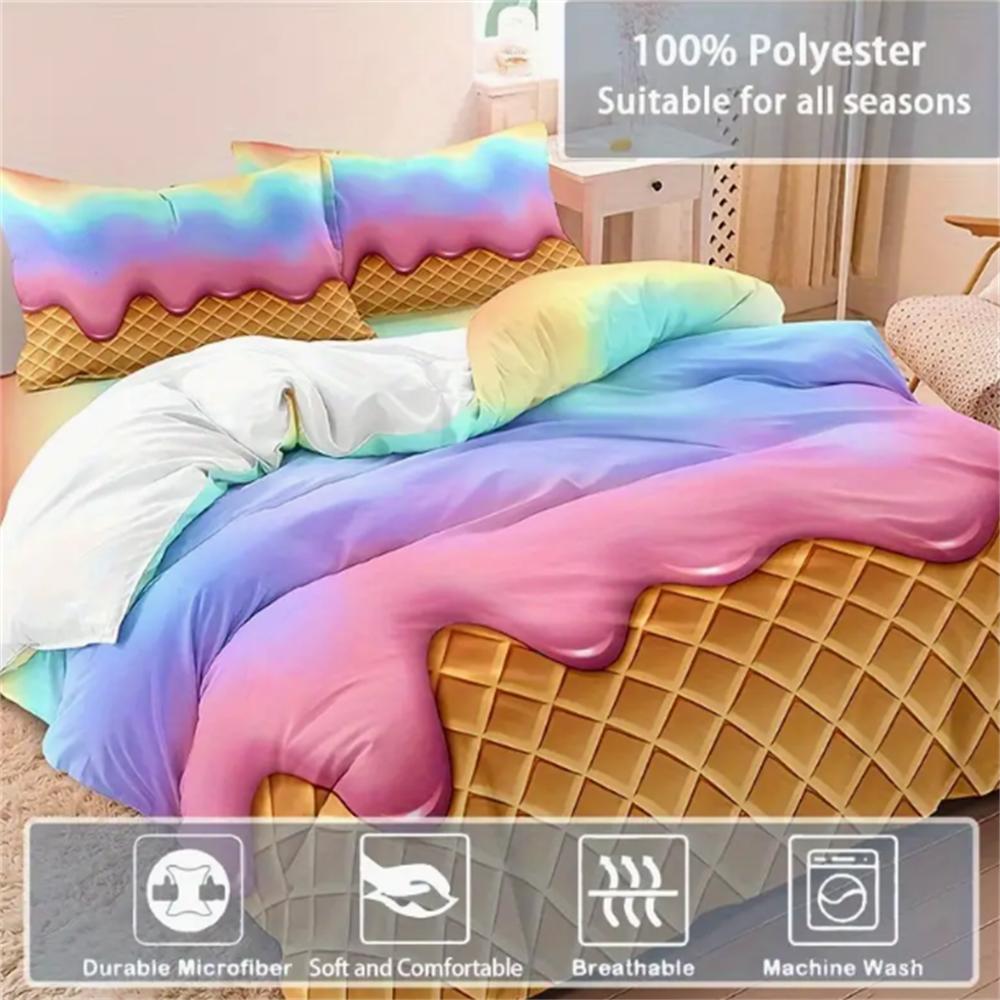 3pcs Vibrant Rainbow Ice Cream Wafer Cone Duvet Cover Set - Soft, Breathable, and Comfortable Bedding for Bedroom, Dormitory