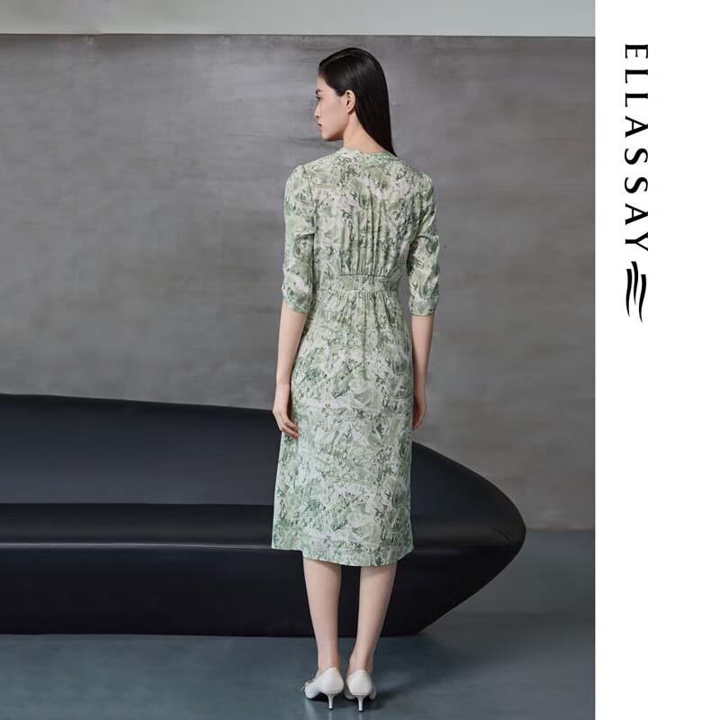 ELLASSAY Women's French V-Neck Cinched Waist Five-Point Sleeve Dress