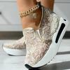Large size single shoes women's spring and autumn new lace sequined mesh casual cover foot slope heel inner heightening muffin bottom