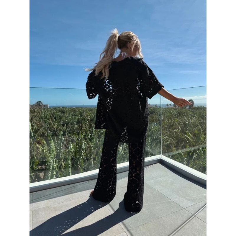 2025 New Fashion Lapel Hollow Lace Short sleeve Top Breasted Shirts Trousers Vacation Set Lace Suit
