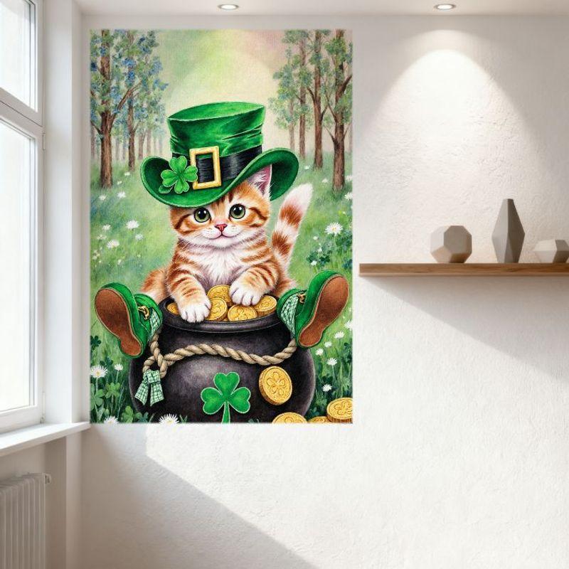 Cute Orange White Kitten Green Eyes St Patrick's Day Metal Tin Sign, Kitten in Black Pot Golden Coins with Leprechaun Hat 4-Leaf