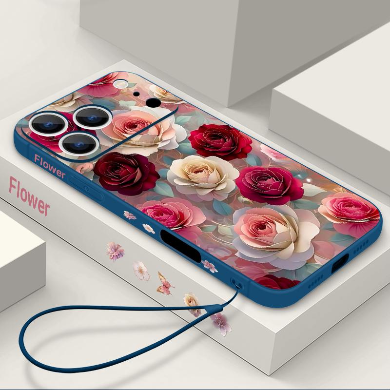 Oil Painting Rose Flowers Lanyard Case For iPhone 17 Pro Max Soft Silicone Cover For iPhone 16 Pro Max Funda iPhone 15 14 13 12 11 16E