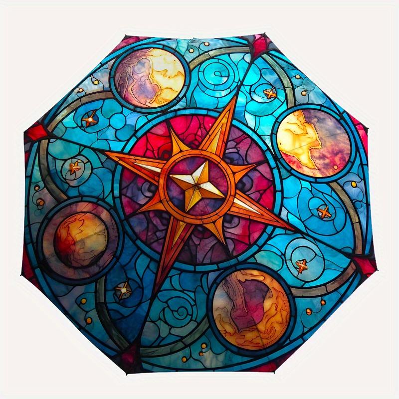 Stained Compass Rose Window ArtUmbrella, Portable 3-Fold Compact Umbrella for Men & Women Gift