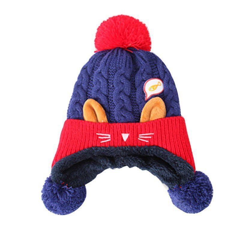 Winter Toddler Baby Boys Girls Cartoon Knitting Caps with Ball Kids Headwrap Cute Cat Ear Infant Cap. Blue