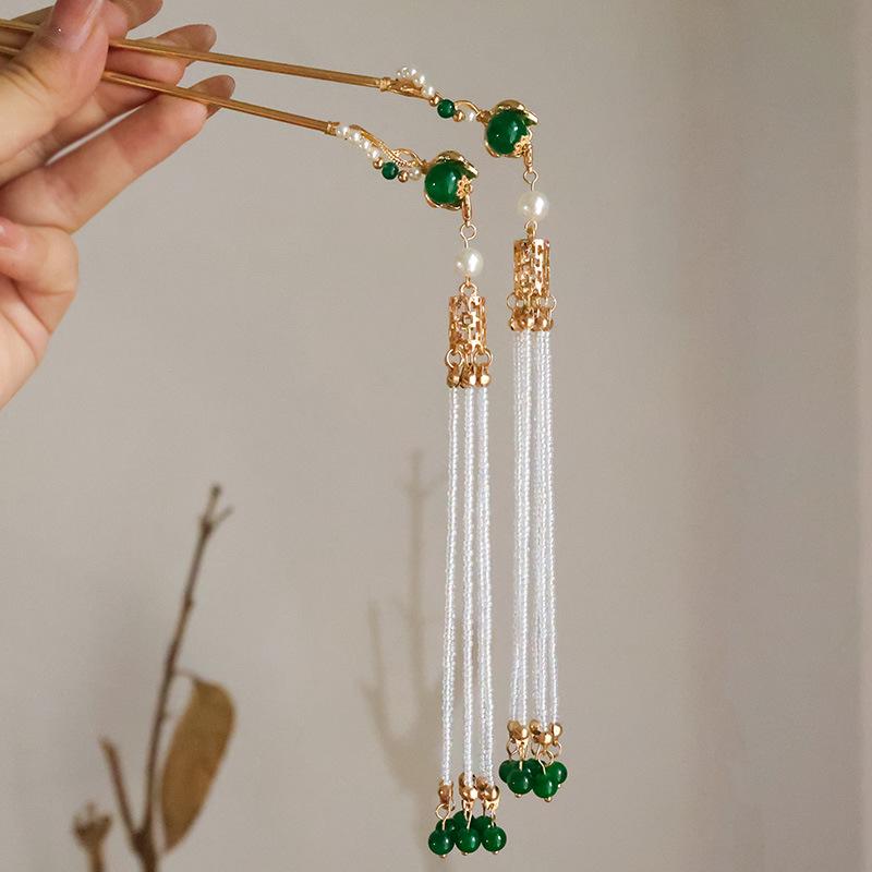 Ming-Style Auspicious Cloud Hairpin with Faux Jade Tassel and Pearls - Hanfu Hair Accessory