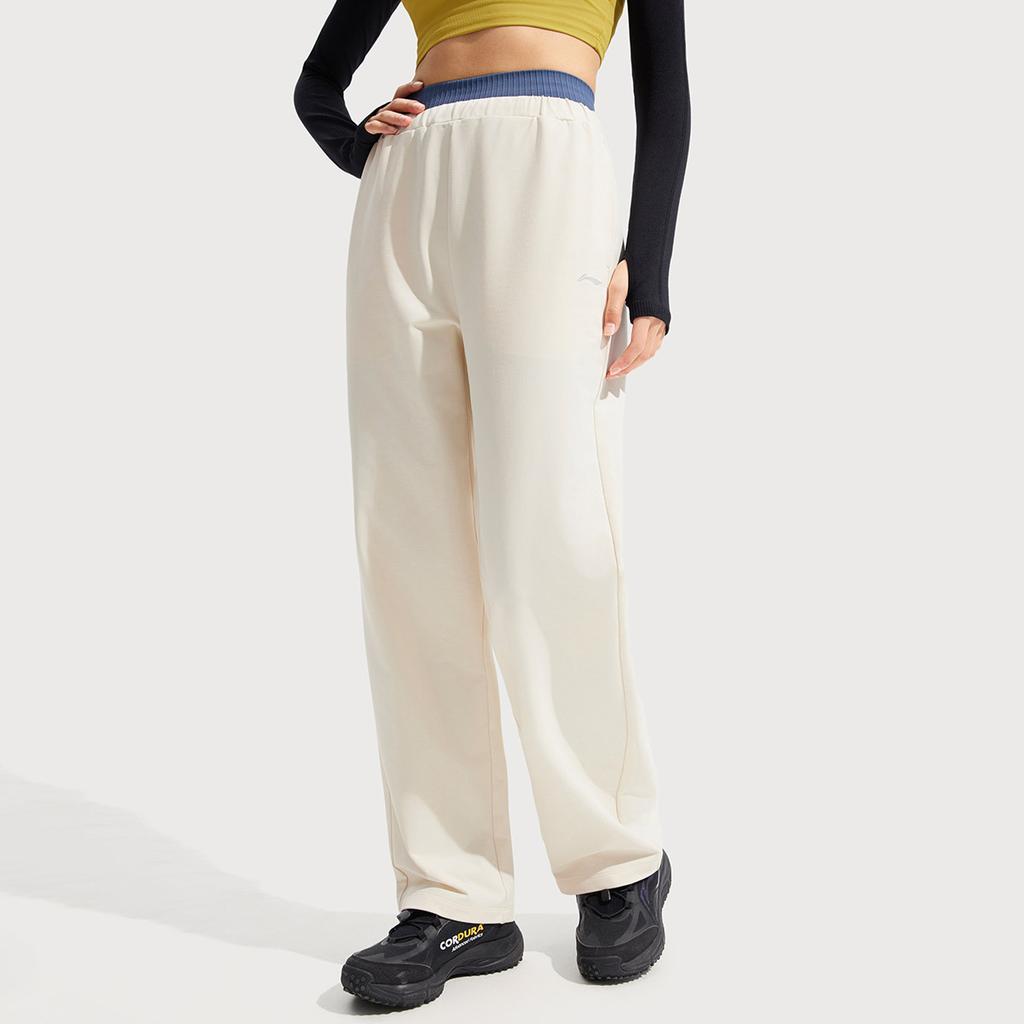 Li Ning Fitness Series Casual Simple Solid Color Ice Silk Quick Dry Cool Straight Leg Knitted Sports Pants Women bottoms Swan-White AKLV730-5