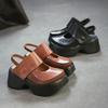 Johnature Sandale Retro cu Vârf Rotund și Talpă Groasă Versatile din Piele Naturală cu Toc Gros Pantofi cu Platformă pentru Femei