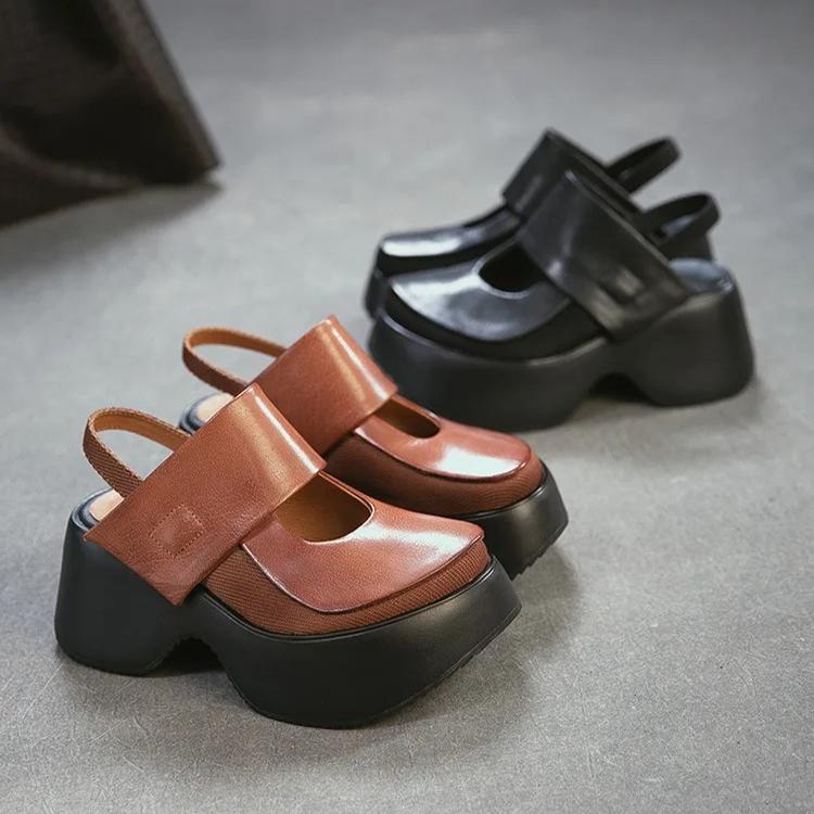 Johnature Sandale Retro cu Vârf Rotund și Talpă Groasă Versatile din Piele Naturală cu Toc Gros Pantofi cu Platformă pentru Femei