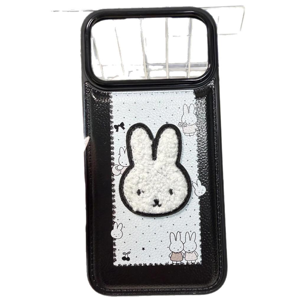 Cute polka dot embroidery Miffy Rabbit is suitable for Apple 16/17promax mobile phone case IP15 bulging bag leather pattern 14Pro