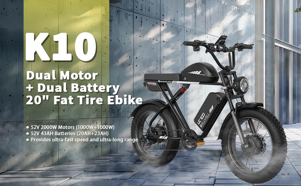 Bluvall K10 Elektrofahrrad Spitze 3000W Doppelmotor 52V 43Ah Doppelbatterie 20 Zoll Dicke Reifen Vollfederung E-Bike für Erwachsene
