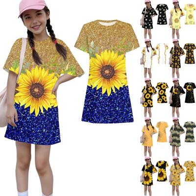 Girls Print Casual Dress Kids Loose Round Neck Short Sleeve Thin Sundress