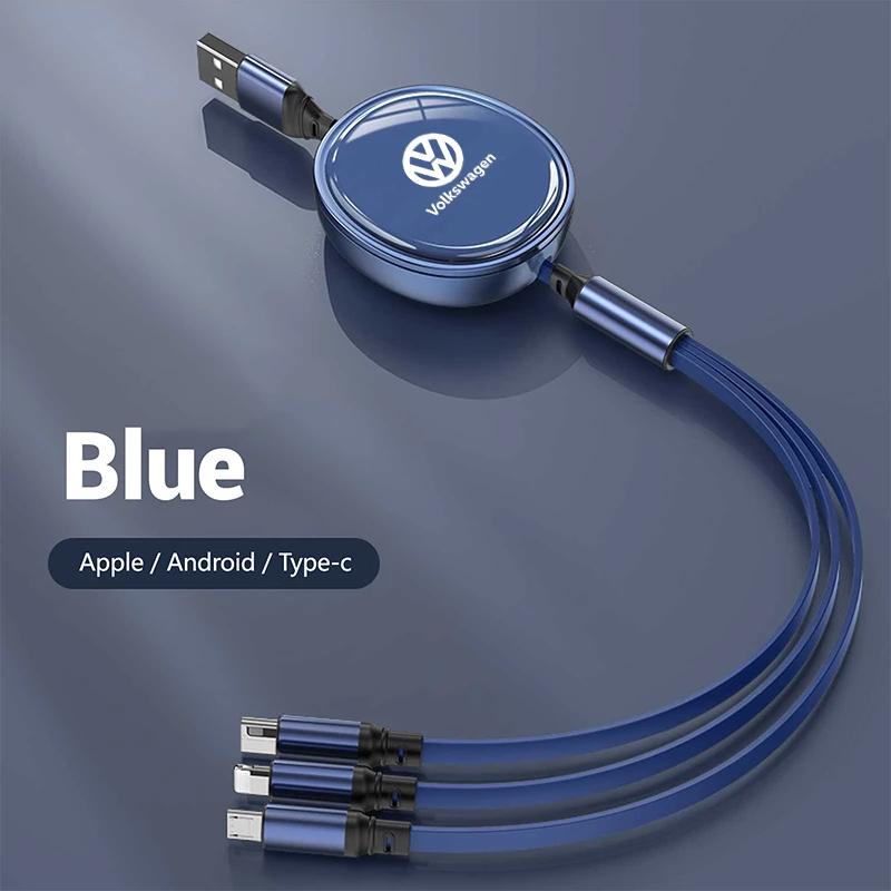 For VW 3In1 Retractable 100W Fast Charge Cable For iPhone USB Type C/Micro For Volkswagen VW R-line GTI R Polo Golf Passat Tig