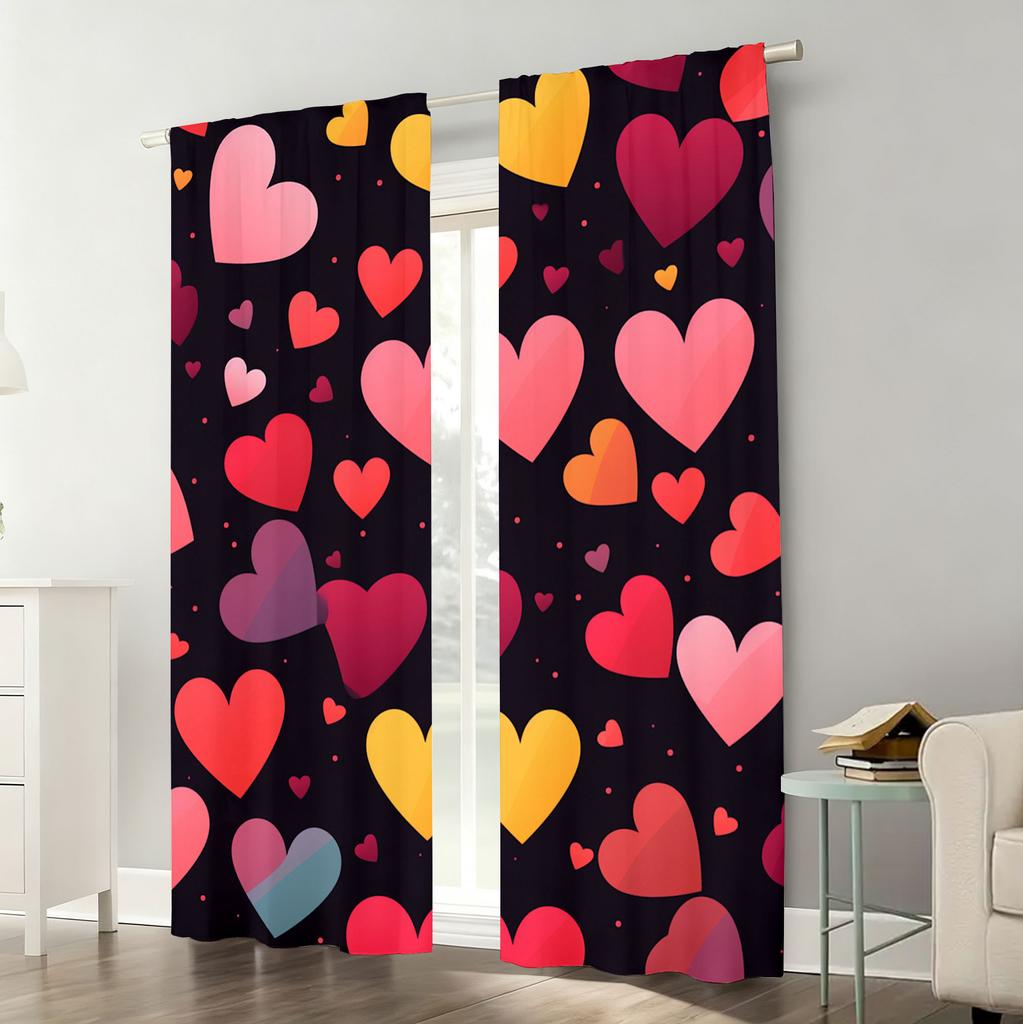 2pcs Colorful heart-shaped pattern curtains   vibrant and romantic style   bedroom   living room   pull rod pocket decoration
