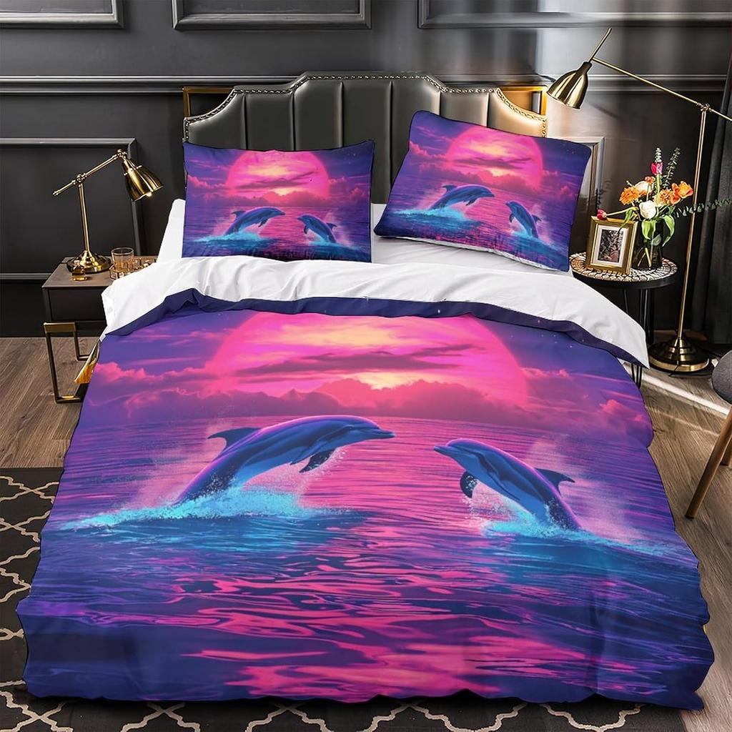 Colorful Dolphin Duvet Cover Set, Soft Comforter Cover With Zipper Closure 2 Pcs,Quilt Cover With Pillowcase For Kids And Adults