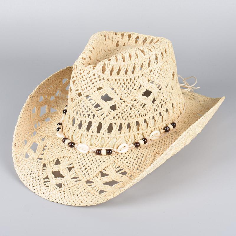 

Summer Straw Western Cowboy Hat for Women Men Classic Vintage Hollow Out Unisex Wide Brim Beach Sun Hat Fishing Hat Climbing Cap About 56-58cm бежевий