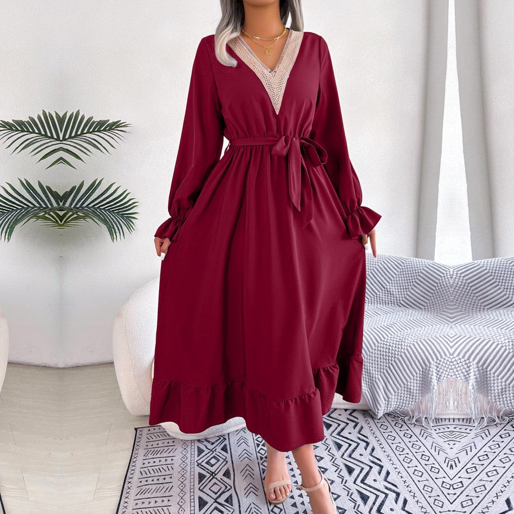 Kobiety Wiosna Lato V Neck Zasznurować Wysoka talia Ruffle Edge Solid Color Line Sukienki