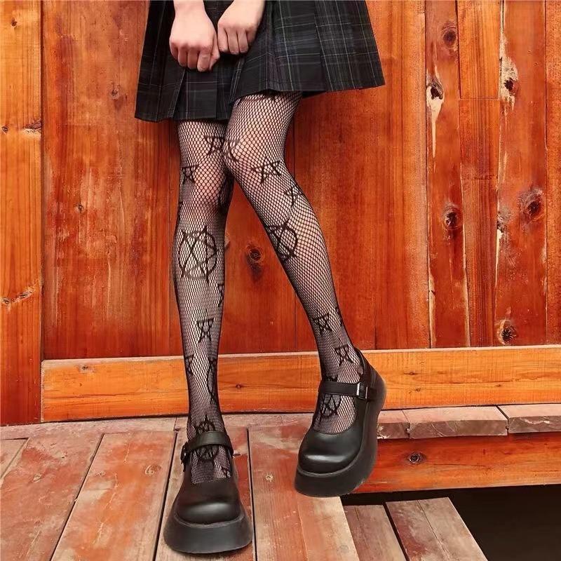 Lolita Girls Søt Pentacle Print Tights Kvinner Sexy Gothic Punk Magisk Femspiss Star Mesh Fish Net Strømpebukse Body Strømper