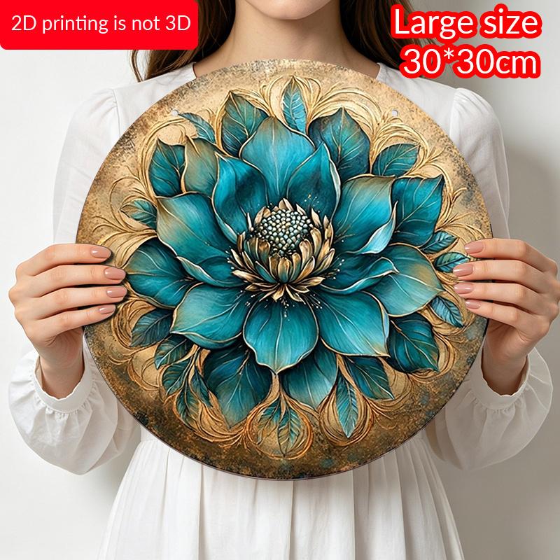 2D Flat, 1pc Retro Turquoise Flower Mosaic Round Wall Art, 2D Aluminum Sign with Golden Accents Frameless, Perfect for Home Decor, Balcony, Rustic