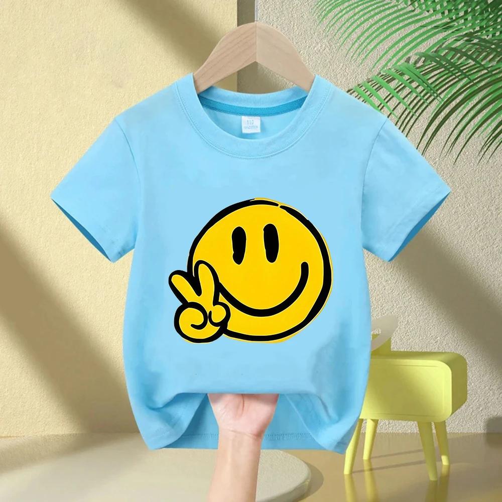 Kids Cartoon Smiley Face Print Shortsleeved Tshirt Casual and Versatile Style Suitable for Childrens Outings and Daily Wear