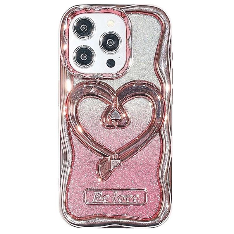 

For iPhone 14 Pro Max Case PC Kickstand Electroplated TPU Clear Cover with Built-In Glitter Powder Paper Pink