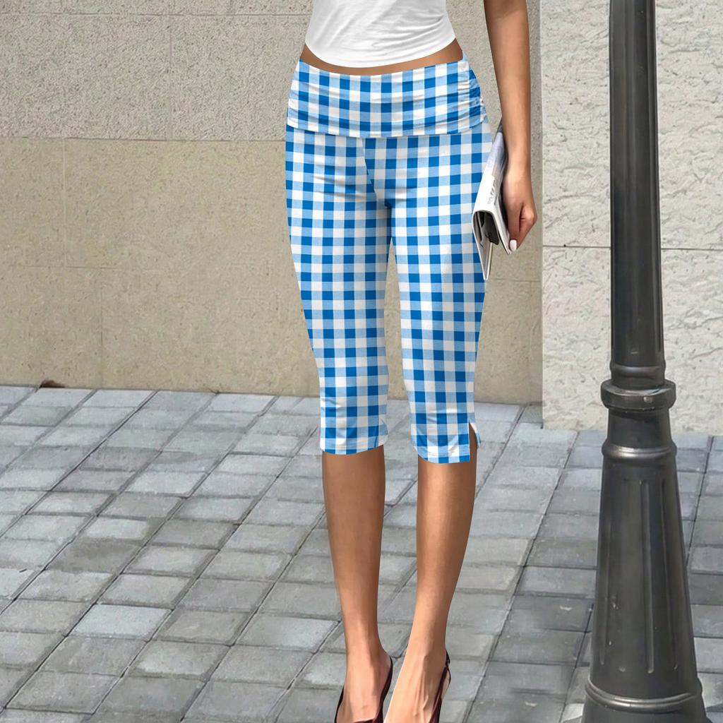Damen Slim Fit Bedruckte Cropped Hose mit Knittertextur Dehnbarer Bund Lässige Sieben-Viertel-Hose für den Alltag