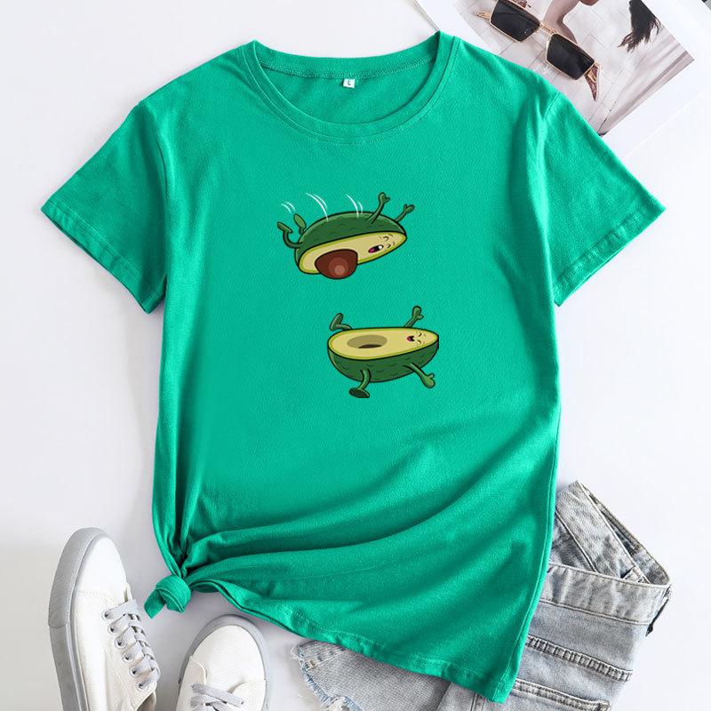 Seasonal Round Neck Avocado Pattern Printed Top Fashionable Casual Short Sleeved Women's Pure Cotton T-shirts