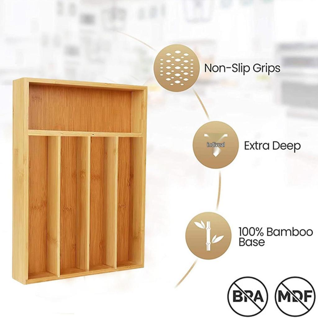 Bamboo Storage Box: 5-Compartment Cutlery and Silverware Tray for Kitchen or Bedroom