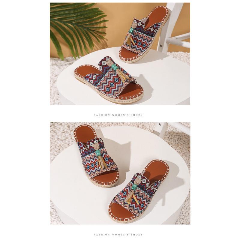 Boho płaskie sandały damskie - Nowość Lato 2025 z frędzlami - Rozmiar 43 Sandały plażowe