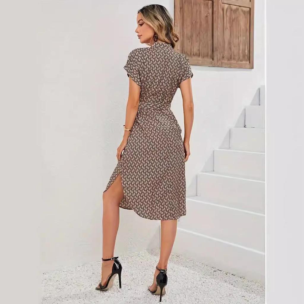 2024 Evropské a americké letní dámské zavinovací šaty s V-výstřihem a potiskem, stahující pas, s krátkým rukávem