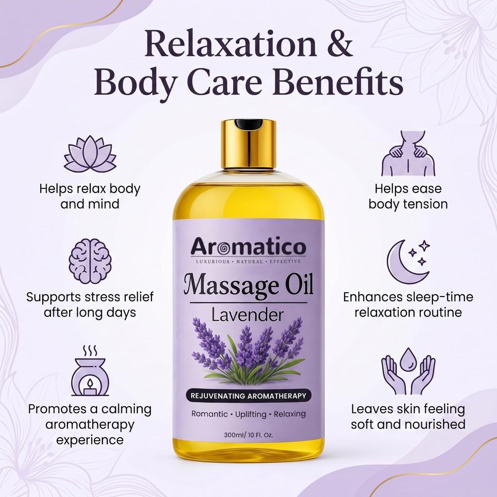 AROMATICO Lavender Relaxing Massage Oil - Body Massage Oil with Almond, Jojoba & Sesame for Stress Relief, Better Sleep & Full Body Care | 300ml