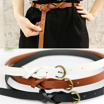 Women's Vintage Simple Thin Waist Belt Metal Buckle Skinny Faux Leather Belt