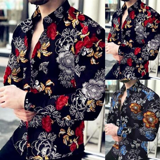 Eye-catching Men Shirt Fine Workmanship Polyester Long Sleeve Flower Pattern Men Shirt Top for Daily
