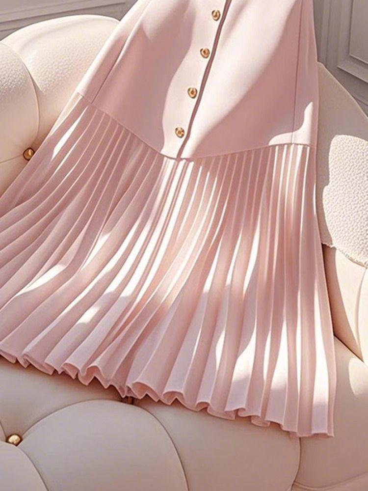 Trendy Pink Patchwork Pleated A-line Midi Skirt: Pear-Shaped, High-Waisted, Hip-Covering, Slimming Design for Women