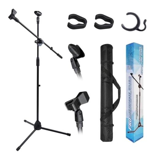 Samcos Desktop Microphone Stand Set for Condenser Microphones with Microphone Clip, Noise Reduction, Pop Filter, Telescoping Arm, and Adjustable Heigh
