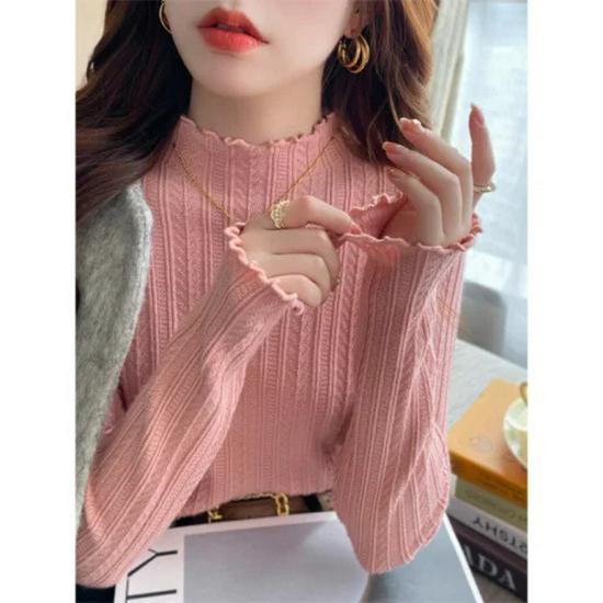 Women's Half Turtleneck Knit Sweater - White, Wood Ear Edge Design, Spring/Fall/Winter