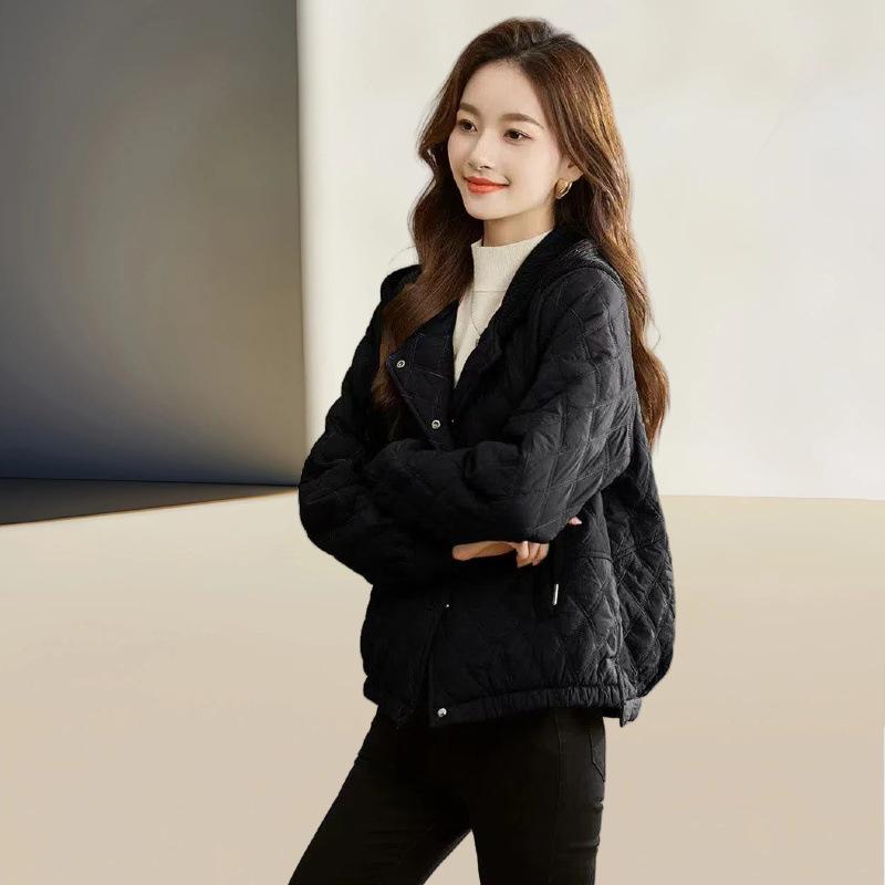 Women's Winter 2025 Rhombus Hooded Cotton-Padded Jacket - Trendy Petite Lightweight Outerwear