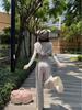 Chic Gray & White Striped Hooded Cardigan Set: Relaxed Fit, Three-Piece Ensemble for Spring & Autumn